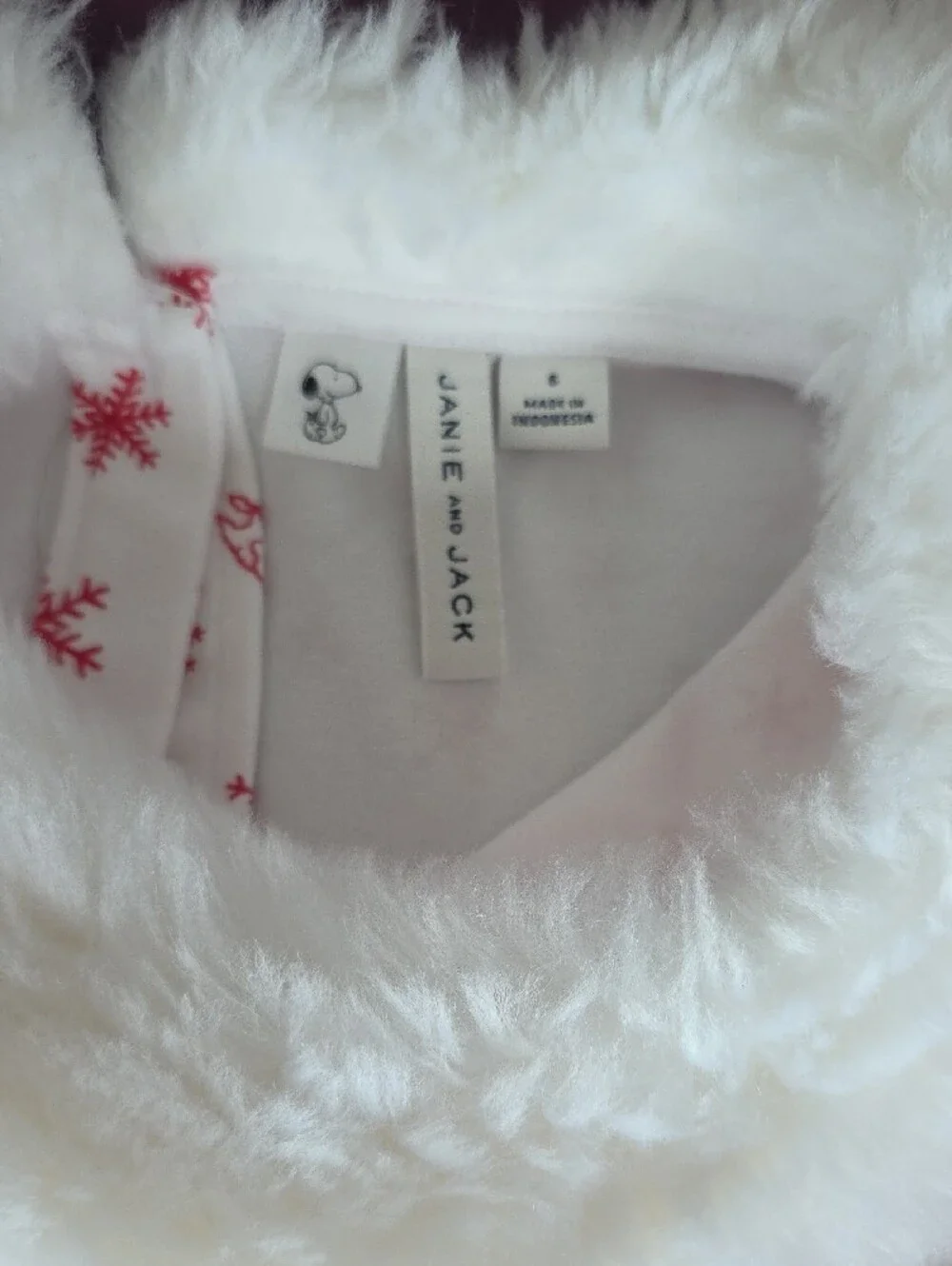 Janie & Jack Peanuts White Dress w/ Red Snowflake/Snoopy Print & Faux Fur Collar